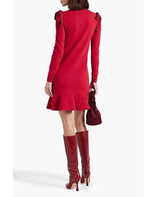RED Valentino Red Fluted Bow-detailed Stretch-knit Mini Dress