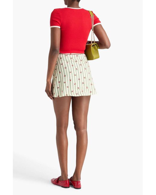 Claudie Pierlot Natural Striped Embroidered Linen Mini Skirt