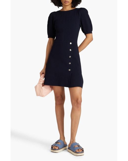Sandro Blue Button-detiled Ribbed-knit And Stretch-ponte Mini Dress