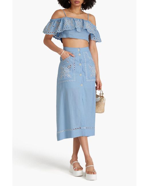 Sandro Blue Broderie Anglaise Linen-Blend Midi Skirt