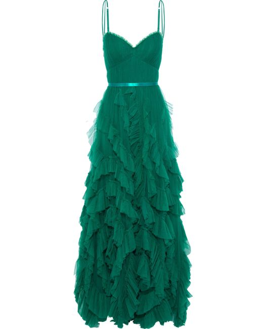 Marchesa notte Green Satin-trimmed Pleated Tulle Gown Emerald
