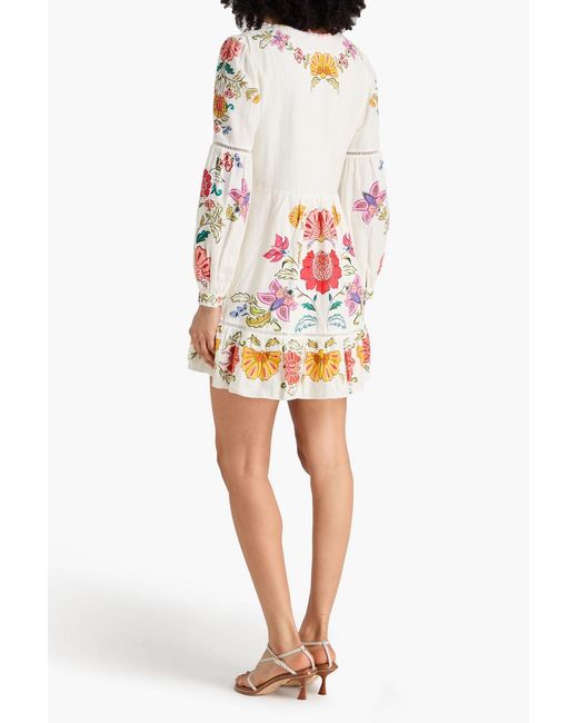 Farm Rio White Tiered Floral-Print Linen-Blend Mini Dress