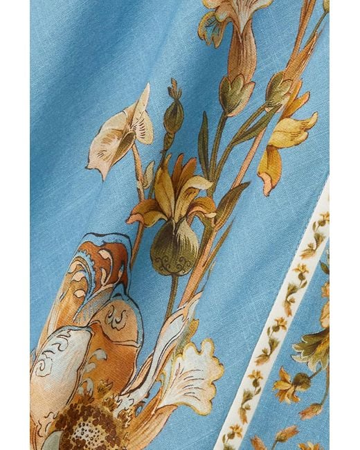 Zimmermann Blue Chintz midikleid aus baumwolle mit blumenprint und bindegürtel