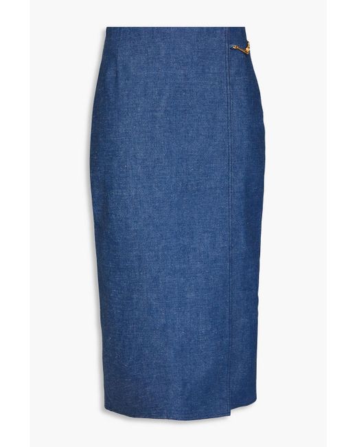 Tory Burch Blue Wrap-effect Embellished Denim Midi Skirt