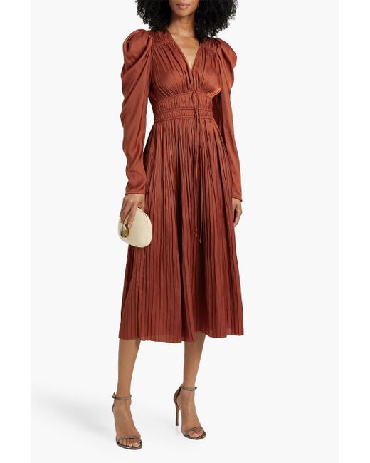 Ulla Johnson Red Lelou Pleated Satin Midi Dress