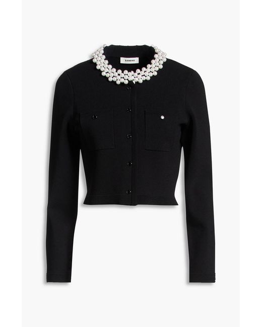 Sandro Black Faux Pearl-Embellished Stretch-Knit Cardigan