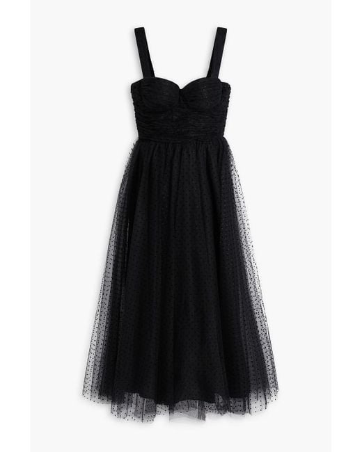 Zimmermann Black Pleated Flocked Tulle Midi Dress