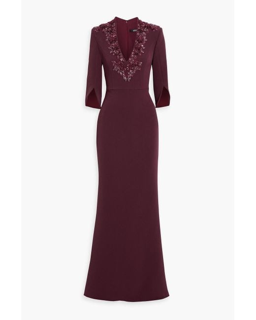 Badgley Mischka Purple Floral-appliquéd Crepe Gown