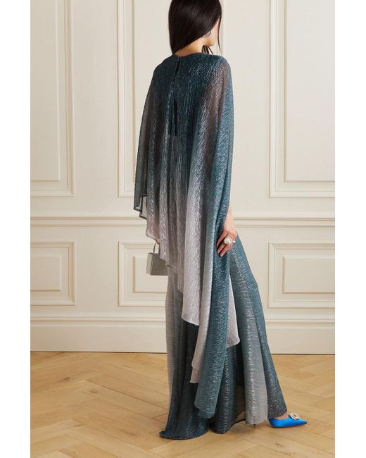 Talbot Runhof Green Asymmetric Cape-effect Metallic Voile Gown