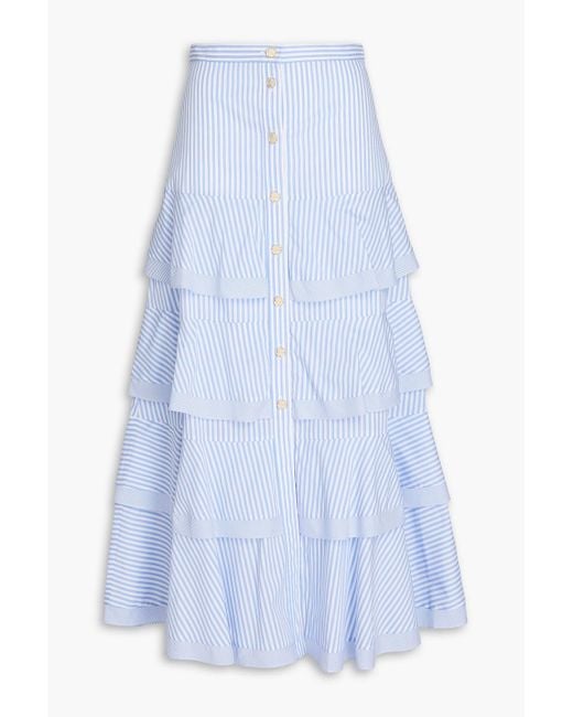 Sandro Blue Tiered Striped Cotton-blend Poplin Midi Skirt