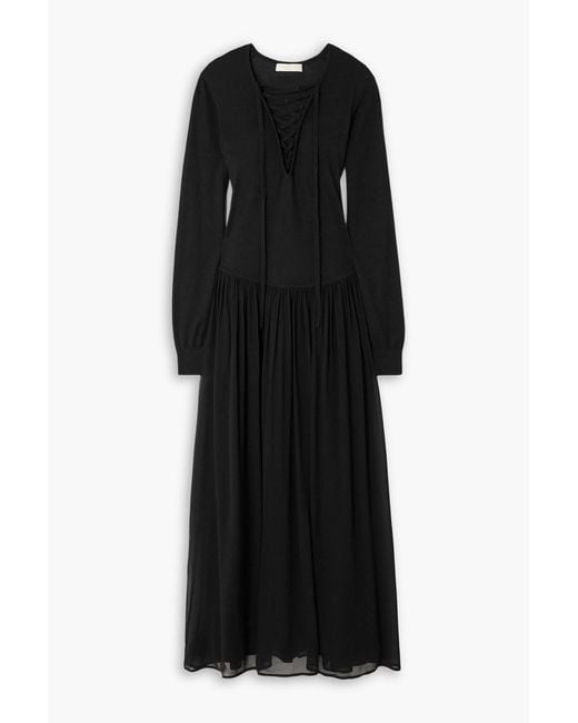 Ulla Johnson Black Colette Pleated Chiffon-Paneled Wool And Silk-Blend Midi Dress