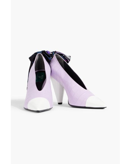 Emilio Pucci White Bow-detailed Croc-effect Leather Pumps