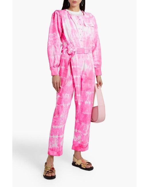 LoveShackFancy Pink Paca Tie-dyed Belted Denim Jumpsuit