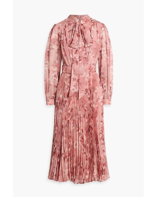 Mikael Aghal Red Pussy-Bow Floral-Print Georgette Midi Dress