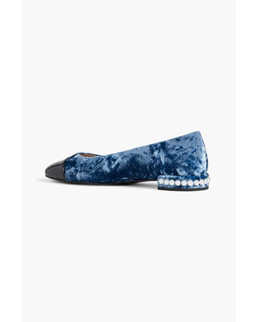 Stuart Weitzman Blue Pearl Embellished Crushed-velvet Ballet Flats