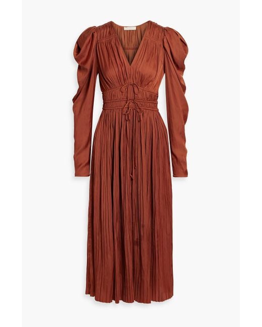 Ulla Johnson Red Lelou Pleated Satin Midi Dress