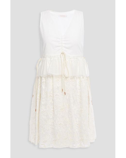 See By Chloé White Gathered Broderie Anglaise Cotton-blend Mini Dress