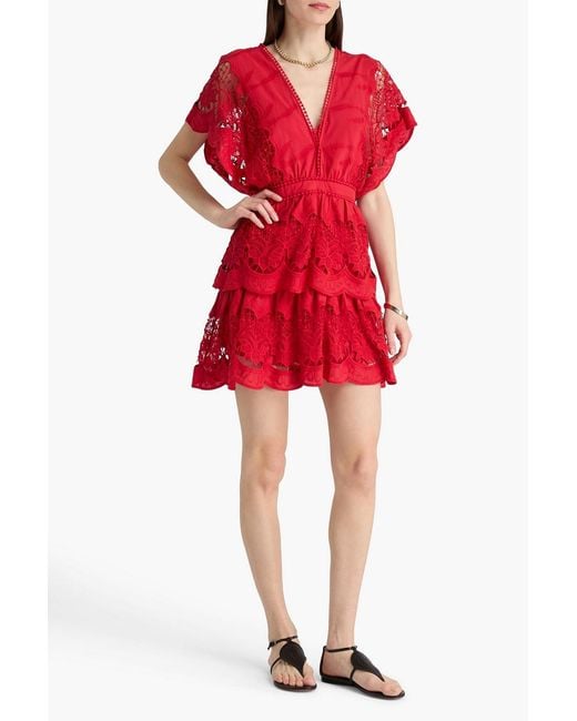 Farm Rio Tiered Guipure Lace-Paneled Cotton Mini Dress