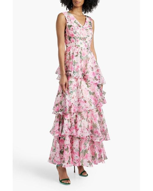 Mikael Aghal Pink Tiered Floral-print Habotai Gown