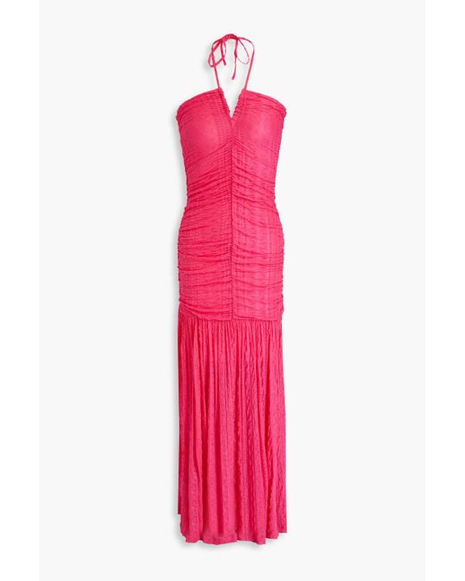 Ganni Pink Ruched Textured-knit Halterneck Maxi Dress