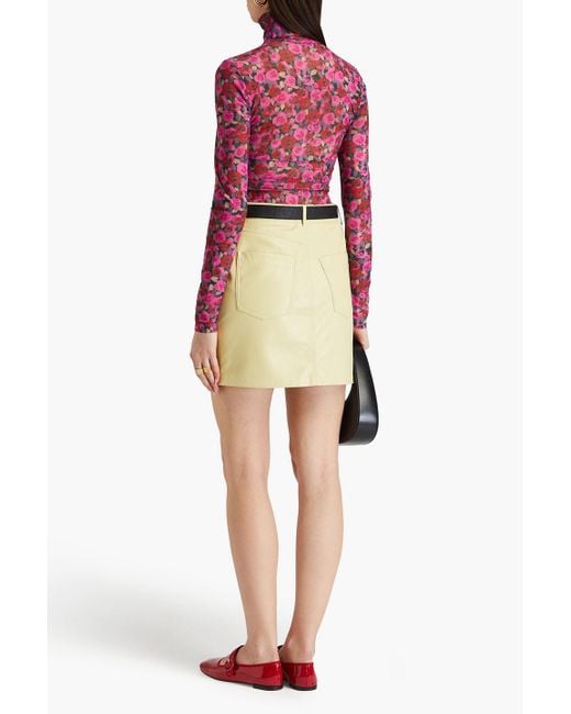 Ganni Red Floral-print Stretch-mesh Turtleneck Top