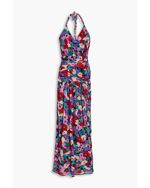 Nicholas White Ruched Printed Stretch-mesh Halterneck Midi Dress
