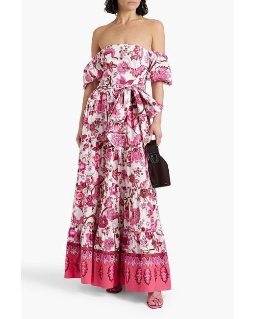 Cara Cara Red Wethersfield Off-the-shoulder Printed Cotton-poplin Maxi Dress