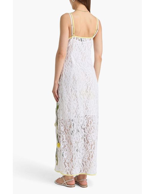 Leslie Amon White Embroidered Cotton-Blend Corded Lace Midi Dress
