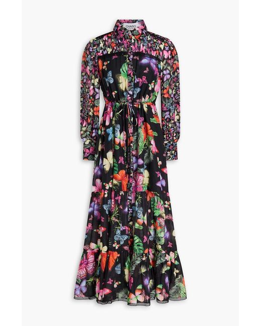Charo Ruiz Black Lotus Pleated Printed Crepe Midi Shirt Dress