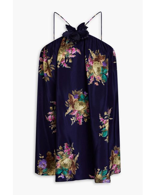 Zimmermann Blue Floral-print Silk Crepe De Chine Top