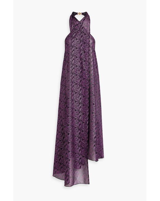 Versace Purple Metallic Logo-print Crepe Halterneck Dress