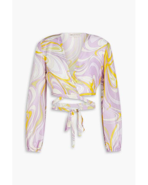 Emilio Pucci White Cropped Printed Silk-voile Wrap Top