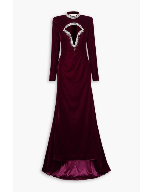 Miss Sohee Purple Crystal-embellished Cutout Stretch-velvet Gown