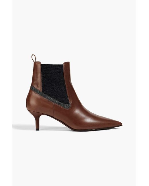 Brunello Cucinelli Brown Bead-embellished Leather Ankle Boots