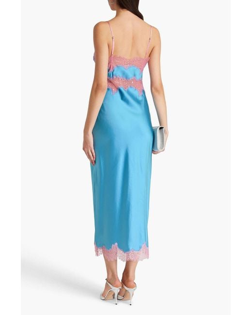 retroféte Blue Jocelyn Embellished Lace-trimmed Satin Midi Slip Dress