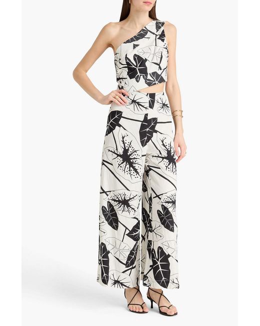 Farm Rio White One-shoulder Cutout Printed Linen-blend Wide-leg Jumpsuit