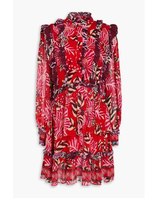Farm Rio Red Ruffled Printed Gauze Mini Shirt Dress