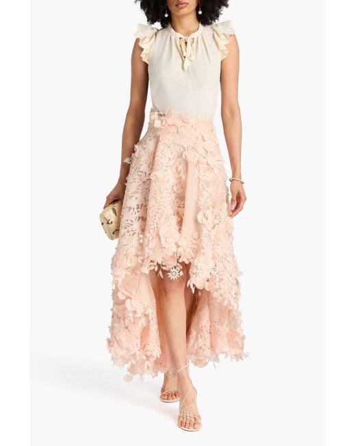 Zimmermann Pink Floral-appliquéd Linen And Silk-blend Organza Maxi Skirt