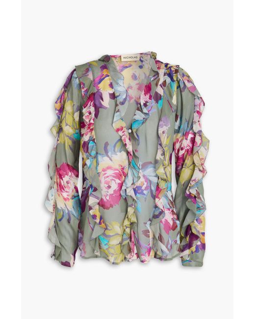 Nicholas White Ruffled Floral-print Silk-chiffon Blouse