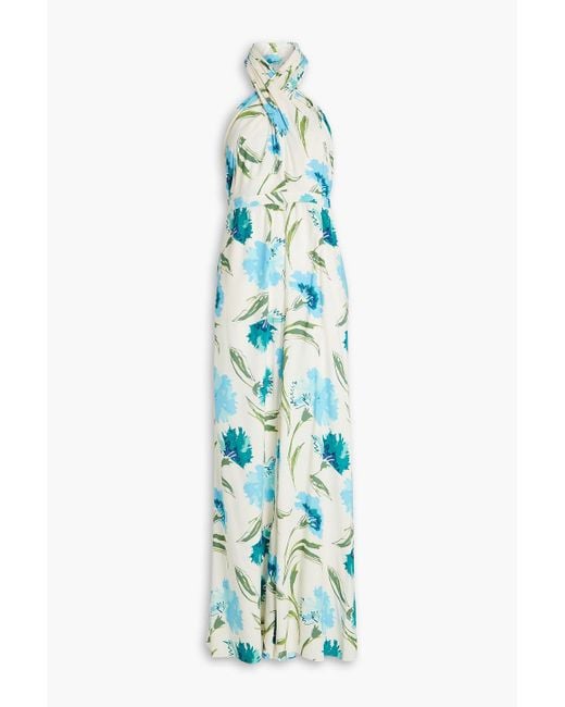 Diane von Furstenberg Blue Cort Floral-Print Twill Halterneck Wide-Leg Jumpsuit