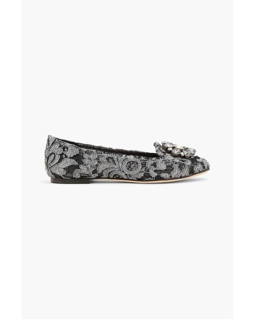 Dolce & Gabbana White Embellished Corded Lace Ballet Flats
