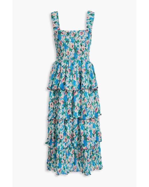 Ganni Blue Tiered Floral-Print Crepon Midi Dress