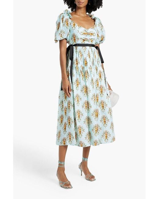 Agua Bendita Yerbamora Remedios Bow-Detailed Printed Linen Midi Dress in  Blue | Lyst