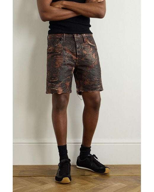 Acne Brown Roman Slim-Fit Straight-Leg Distressed Coated-Denim Shorts for men