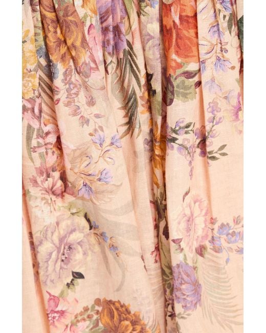 Zimmermann Pink Pleated Floral-Print Linen Mini Dress