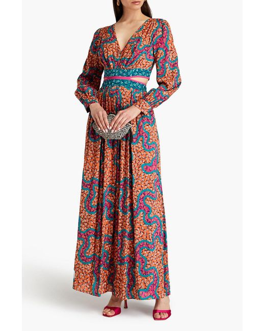 Diane von Furstenberg Red Jenifer Cutout Printed Mousseline Maxi Dress