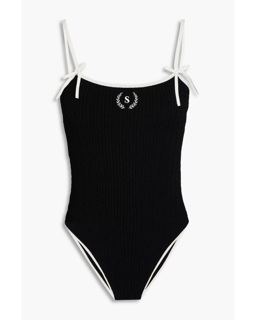 Sandro Black Embroidered Bow-detailed Knitted Bodysuit