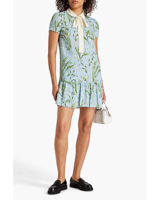 RED Valentino Blue Pussy-bow Floral-print Crepe Mini Dress