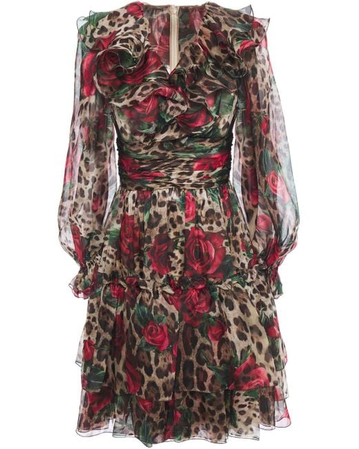 Dolce & Gabbana Red Ruffled Printed Silk-organza Dress