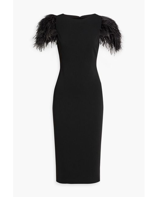 Badgley Mischka Black Feather-Trimmed Crepe Dress